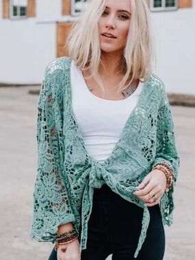 Three Bird Nest Sage Crochet Tie-Front Cardigan